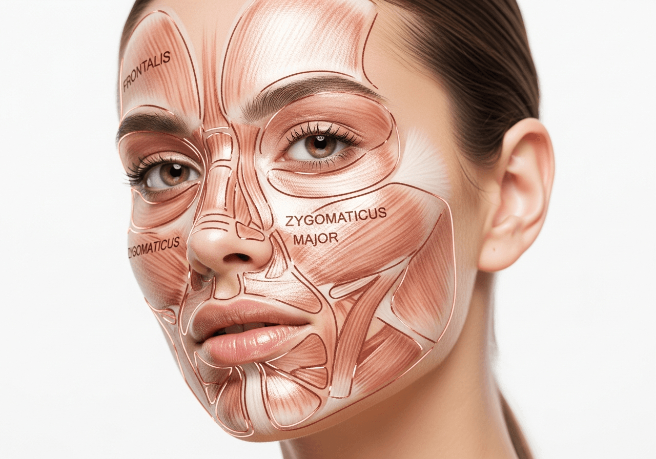 Facial elevator and depressor muscle zones illustrated on woman's face Total Body Aesthetic Los Angeles